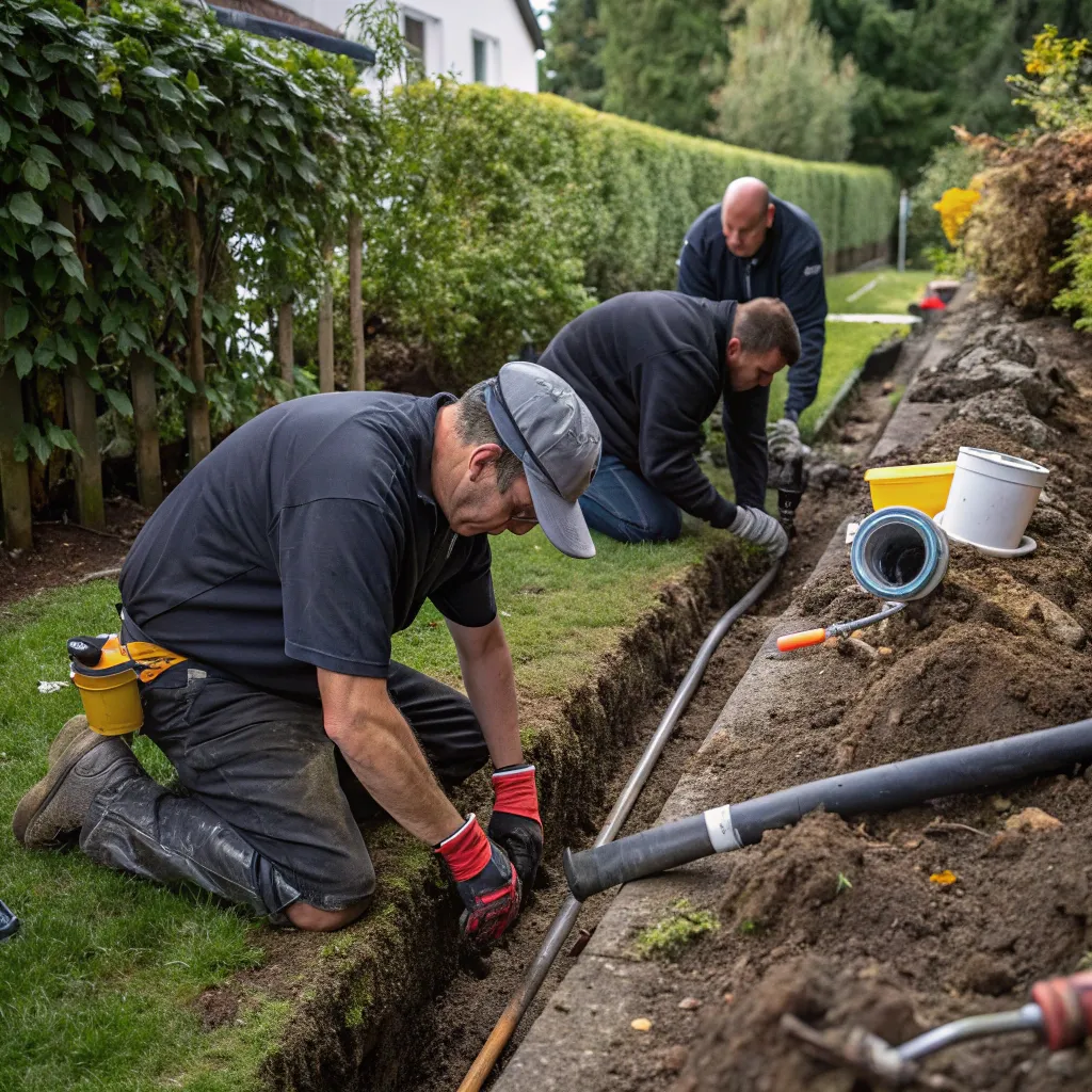 A dedicated team working on garden drainage installation